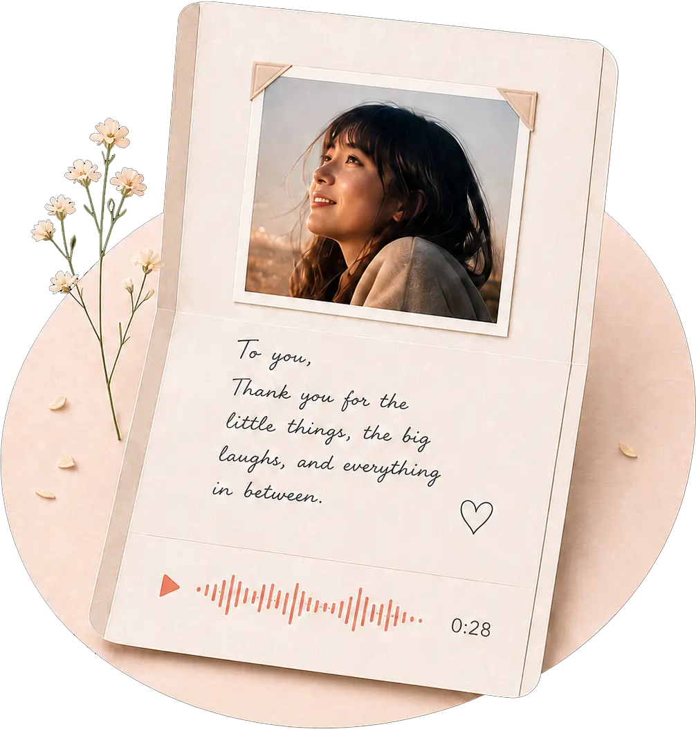 A personalized digital keepsake with a photo, handwritten note, and voice message